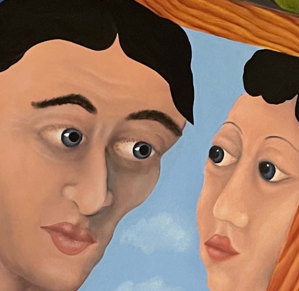ein Mann schaut in einen Spiegel und sieht eine Frau, Ölgemälde auf HDF Platte, Jochen Meyer, 47 x 57 cm, Kunst-Direkt.de, details der Struktur