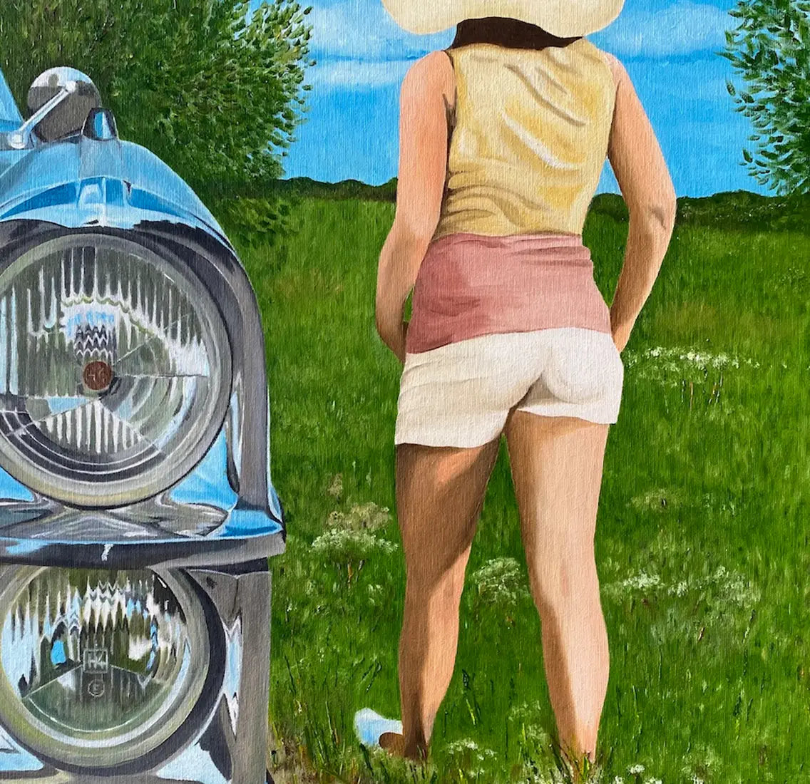 Gemälde, ein Oldtimer Cadillac im Anschnitt auf einer Wiese, eine gehende Frau von hinten, Detail Figur, 60x80cm, Gerd Pfanstiel, Kunst-Direkt.de