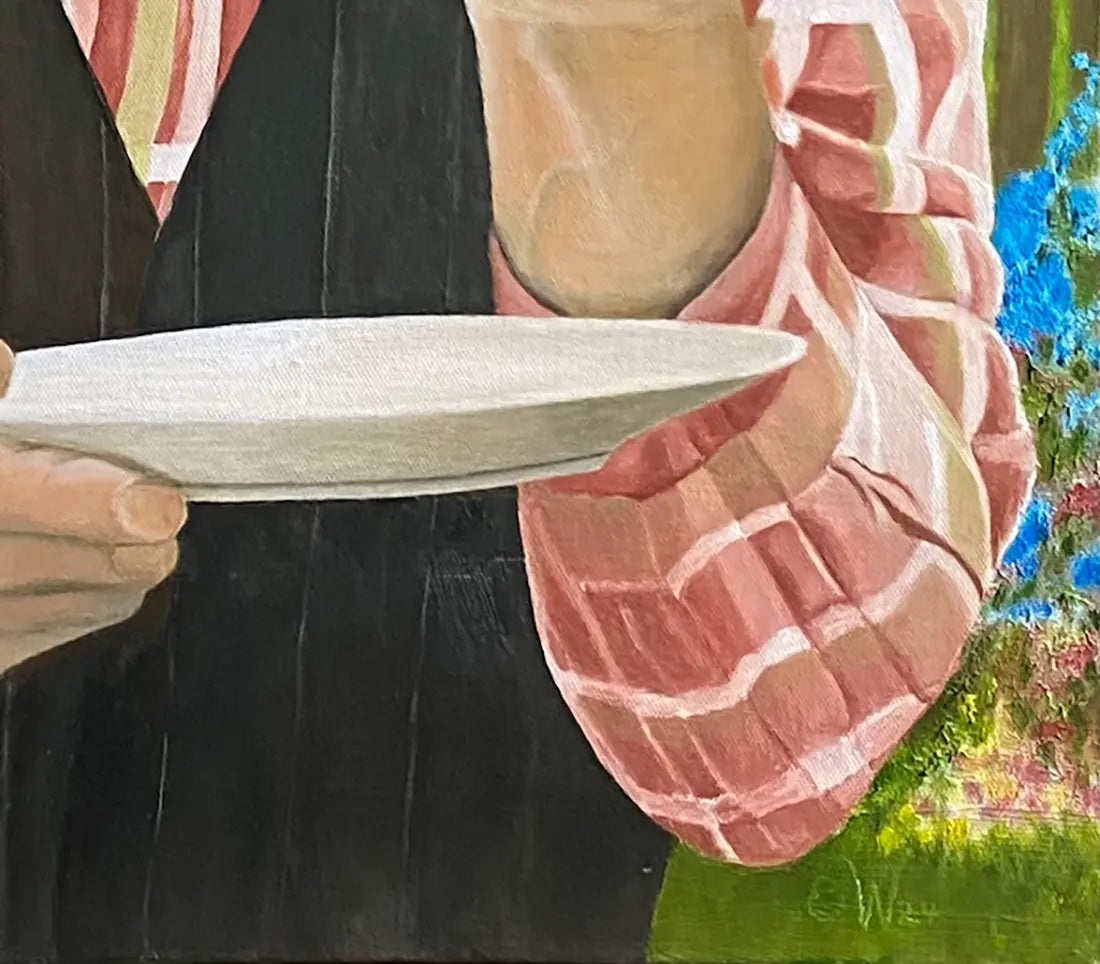 Ölgemälde, 57x45 cm, ein alter Mann sitzt im Garten und beißt in eine Bratwurst, Detailansicht, Gerd Pfanstiel. Kunst-Direkt.de