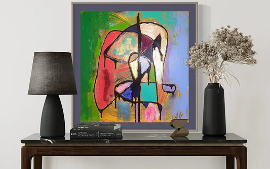 abstraktes Bild mit Tisch und Vase und Lampe und kleiner Figur, kunst-direkt.de