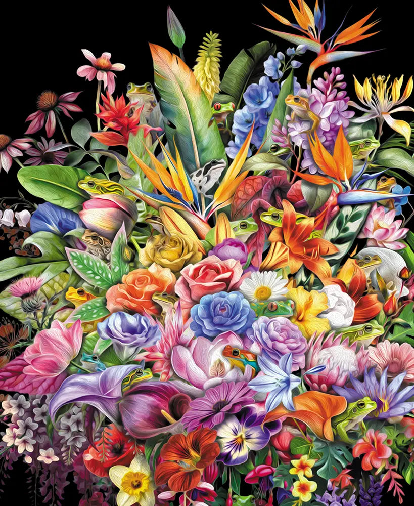 Detailaufnahme Frösche – Rosen und Strelitzien in neonartiger Ästhetik, tiefschwarzer Hintergrund, Gero Paul | Kunst-Direkt.de
