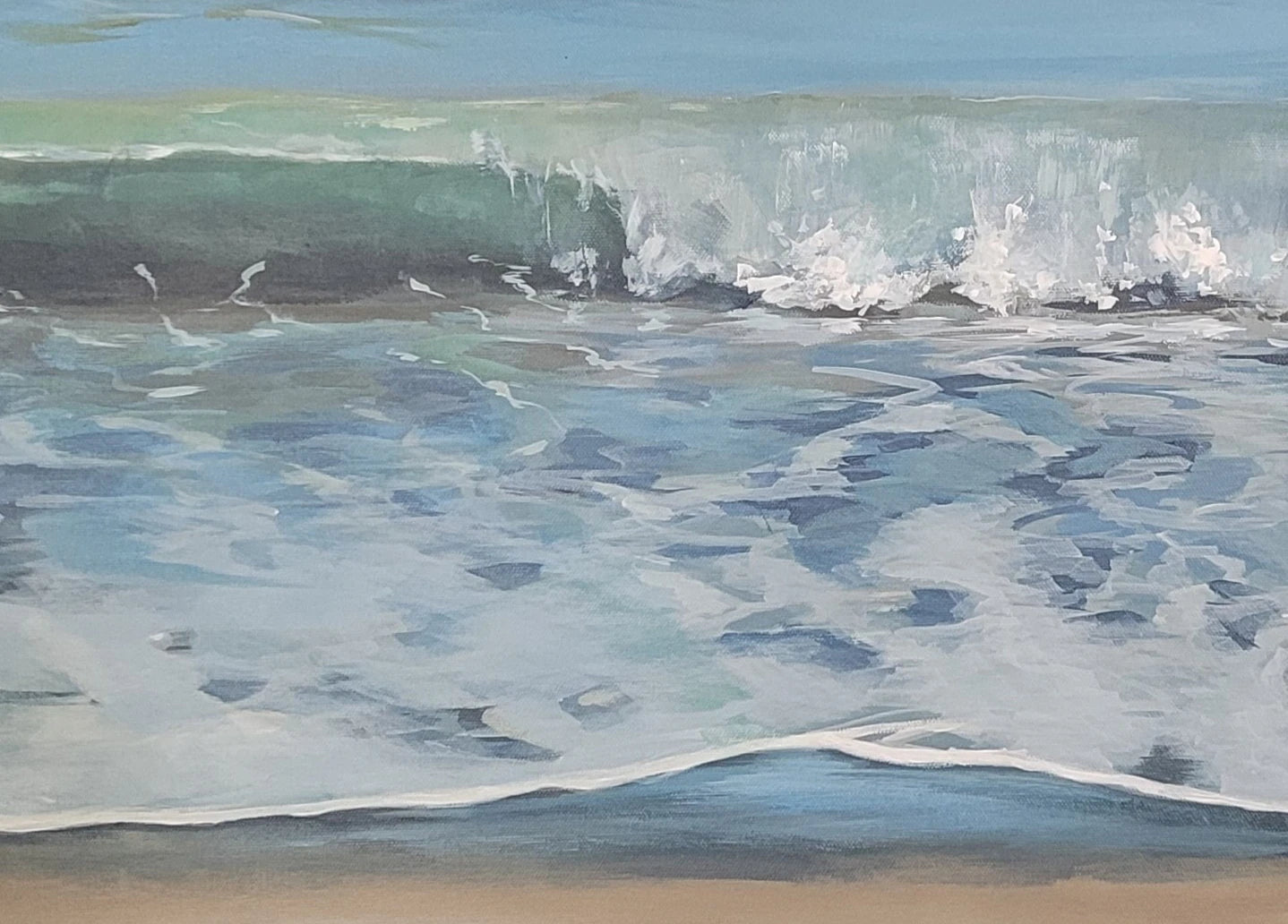 Detailaufnahme Große Welle – Feinsandiger Strand mit auslaufenden Schaumkronen, Atlantikblau und Sandtöne, Naturkraft, Britta Kröger | Kunst-Direkt.de