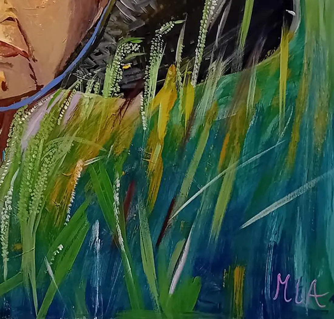 Detailaufnahme Im Reisfeld – Dynamisch aufgetragenes Reisfeld, Smaragdgrün und Erdtöne, zweite Silhouette im Hintergrund, Maren Lüke-Amato | Kunst-Direkt.de