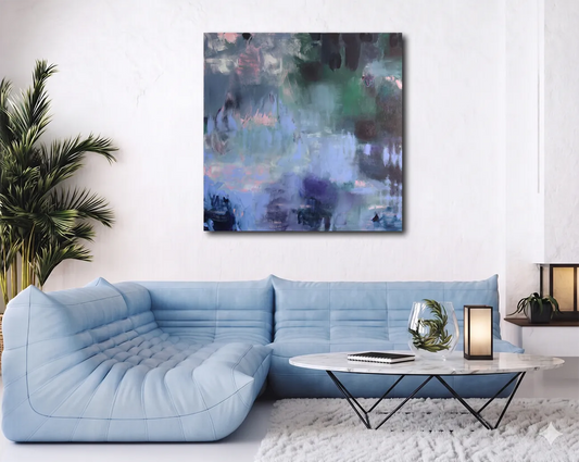 The Pond von Marion Schmidtke an der Wand – Original-Acrylgemälde, 160x160 cm, zeitgenössische Naturabstraktion, signiertes Unikat | Kunst-Direkt.de