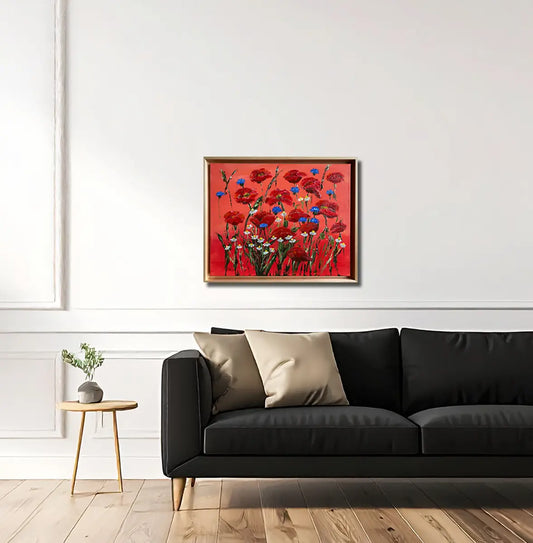 Mohnblumen, Kornblumen und Kamille, Gemälde auf rotem Hintergrund, Querformat, hängend, Gerd Pfanstiel, 50x70 cm, Kunst-Direkt.de