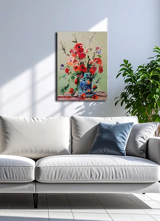 Mohnblüte von Roger Ziereisen an der Wand – Expressives Blumenstillleben, 70x50 cm, Öl auf Leinwand | Kunst-Direkt.de
