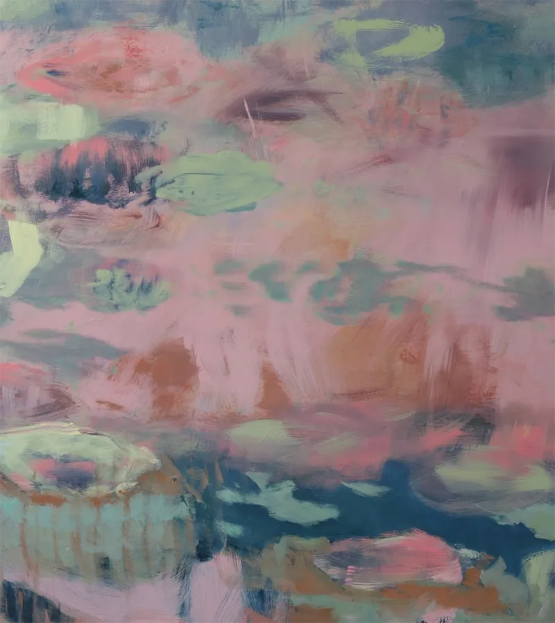 acrlygemälde, 160 x 160 cm, violette Blüten schwimmen auf einem Teich, abstrakt, detail blüten hell, Marion Schmidtke, Kunst-Direkt.de