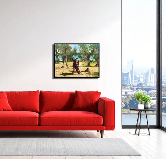 Ögemälde, Ein Paar tanz in einem Olivenhain Tango, dramatische Schatten, helles Licht, 60x80 cm, an Wand hängend, Gerd Pfanstiel, Kunst-Direkt.de