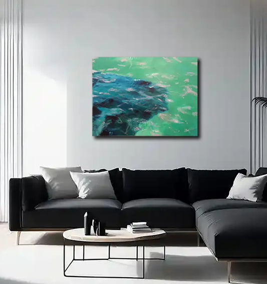 Acrylgemälde, 120 x 160 cm, schemenhaft schwimmt ein Wal im grünen Wasser, an wand hängend, grün und hellblau, Marion Schmidtke, Kunst-Direkt.de