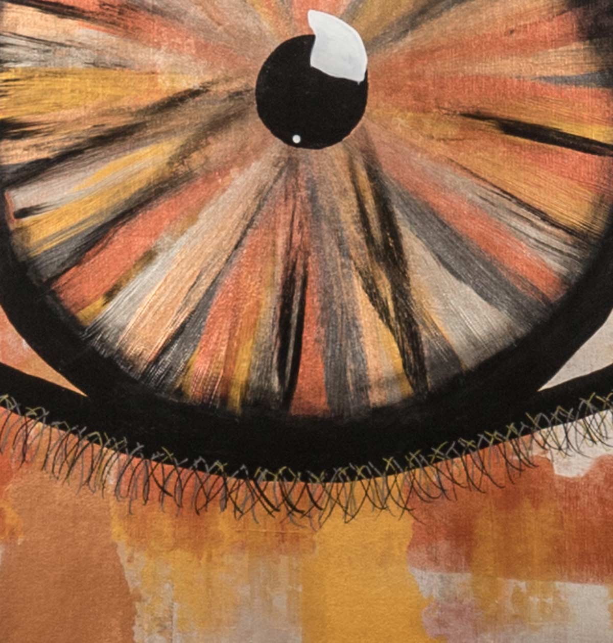 ein abstrakte auge auf kariertem Hintergrund, hochformat, ocker-baun-beige, detail des Auges
