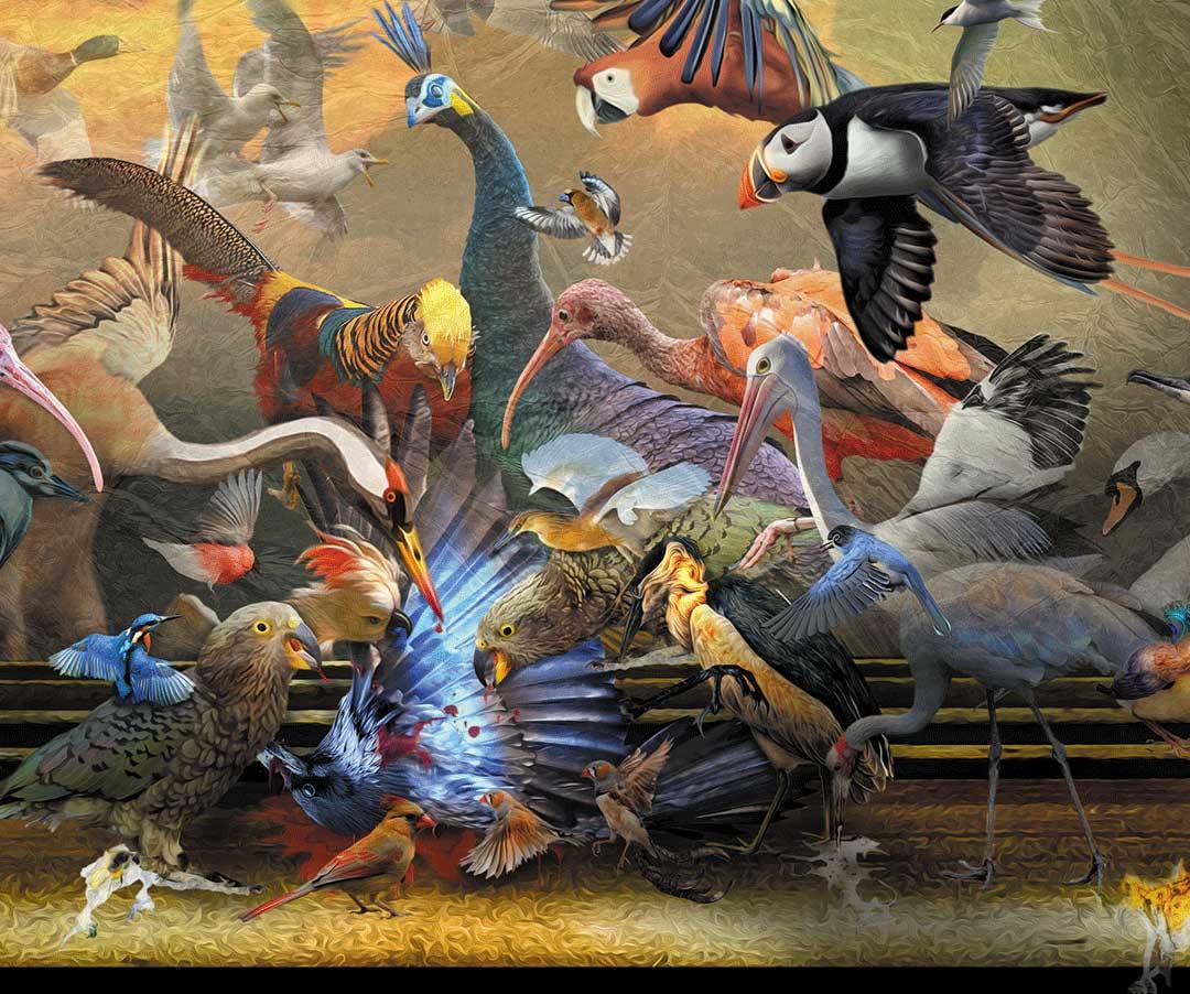 fineart Print, viele Phantasievolle Vögel, sitzend und fliegend, Wolken, Goldener Rahmen, 185 x 125 cm, Gero Paul, Kunst-Direkt.de, details vögel
