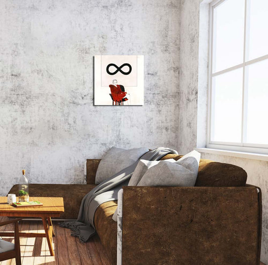 Zeichnung einer Frau in einem Sessel vor dem Bild einer gekippten 8, an heller Wand hängend, Kunst-Direkt.de