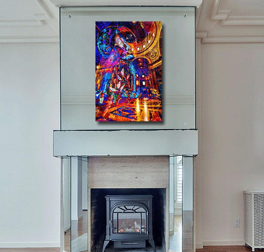 Digitales Kunstwerk von Claudia Tejeda, Überblendungen hoher Räume, farbig, 90x60cm, Kunst-Direkt.de, an Wand hängend