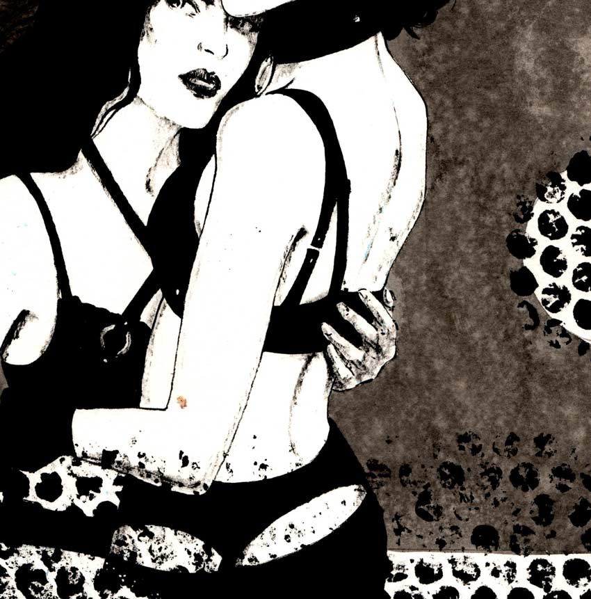 2 Frauen vor abstraktem Hintergrund, Farben scharz und braun, 30x40cm, Sherin P. Spielmann, Kunst-Direkt.de, Details der Struktur