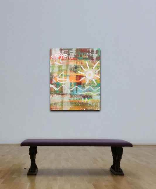 abstraktes und positives Gemälde mit horizontalen Linen und sybolen für Sonne und Wellen, an heller Wand hängend mit Sitzbank