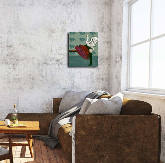 Ein Schwan und eine Frau mit rotem Rock vor grünem Hintergrund, an heller Wand hängend, 50x60cm, Kunst-Direkt.de