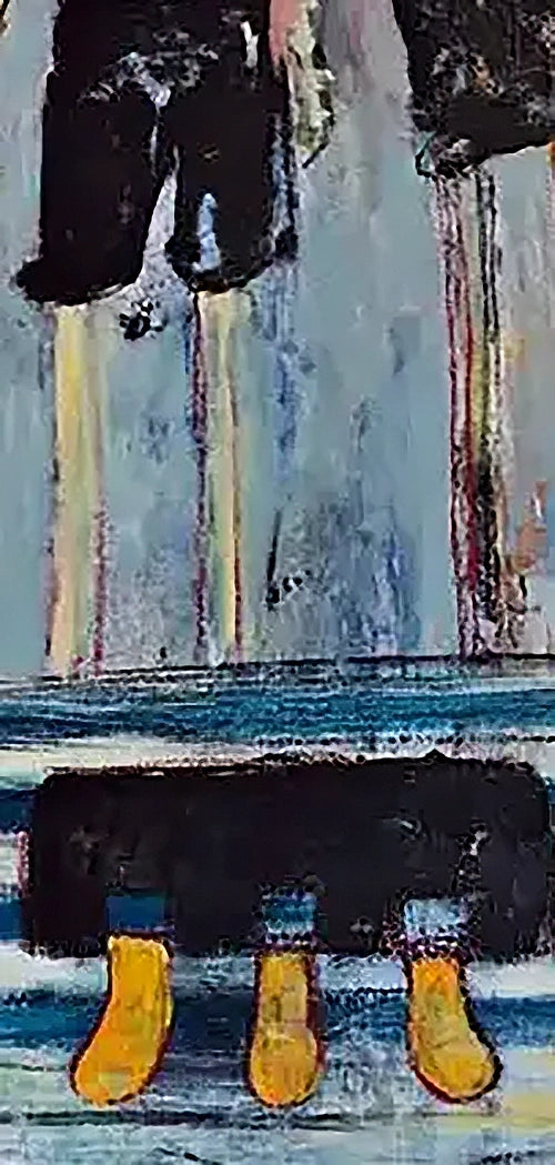 zwei abstrahierte Personen in bunter Strandkleidung im Hochformat, 160 x 60 cm, Detail farben, Annette Brasch, Kunst-Direkt.de, Newart.gallery