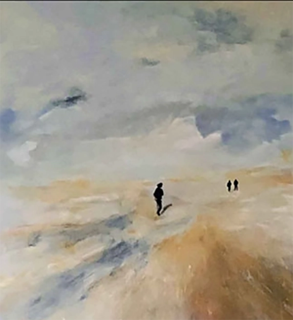 Im Hochformat ist die Darstellung eines Strandes mit Himmel und wolken zu sehen, 3 dunkle Personen sind in der Perspektive zu sehen. Details mit den drei dunklen Personen.