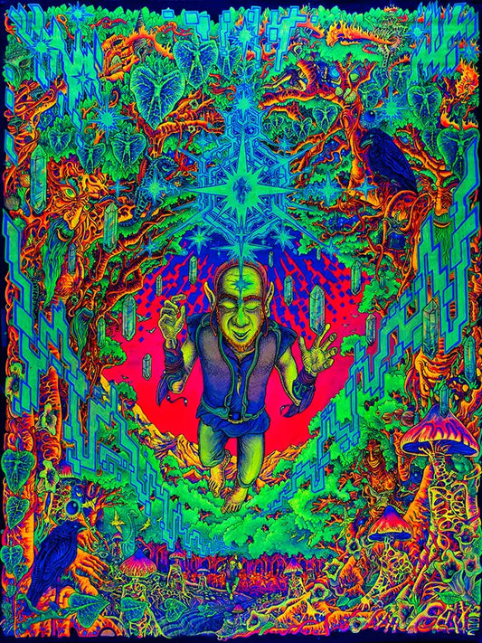 Hochformat, ein Gnom in der Mitte, umgeben von Phantasiegestalten, neonfarben rot, grün, blau, violett