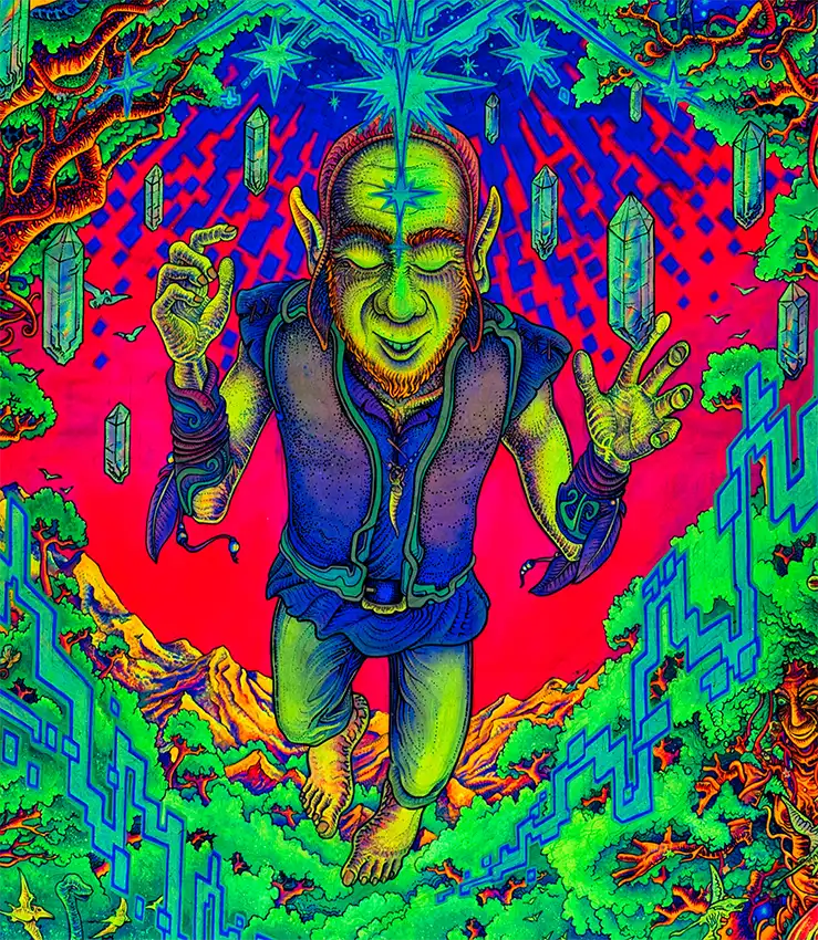 Hochformat, ein Gnom in der Mitte, umgeben von Phantasiegestalten, neonfarben rot, grün, blau, violett, Details Gnom