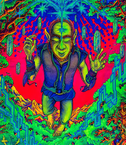 Hochformat, ein Gnom in der Mitte, umgeben von Phantasiegestalten, neonfarben rot, grün, blau, violett, Details Gnom