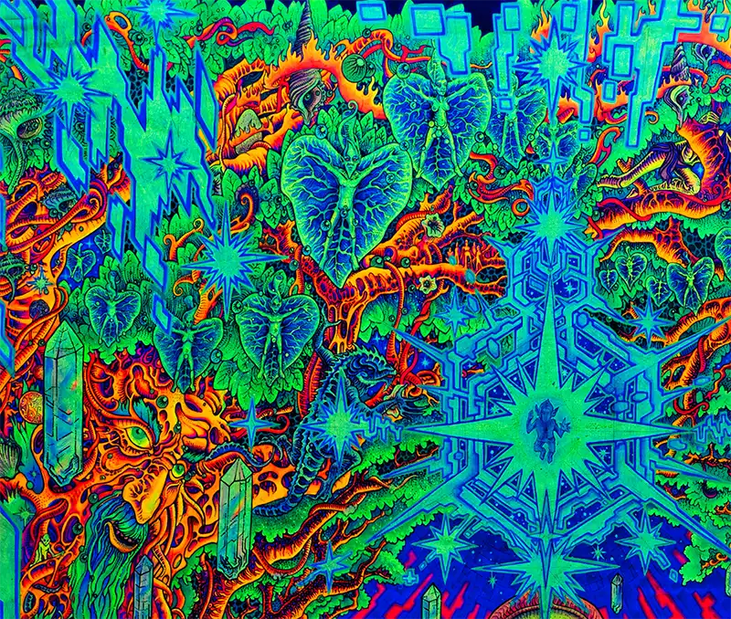 Hochformat, ein Gnom in der Mitte, umgeben von Phantasiegestalten, neonfarben rot, grün, blau, violett, Details Phantasiegestalten