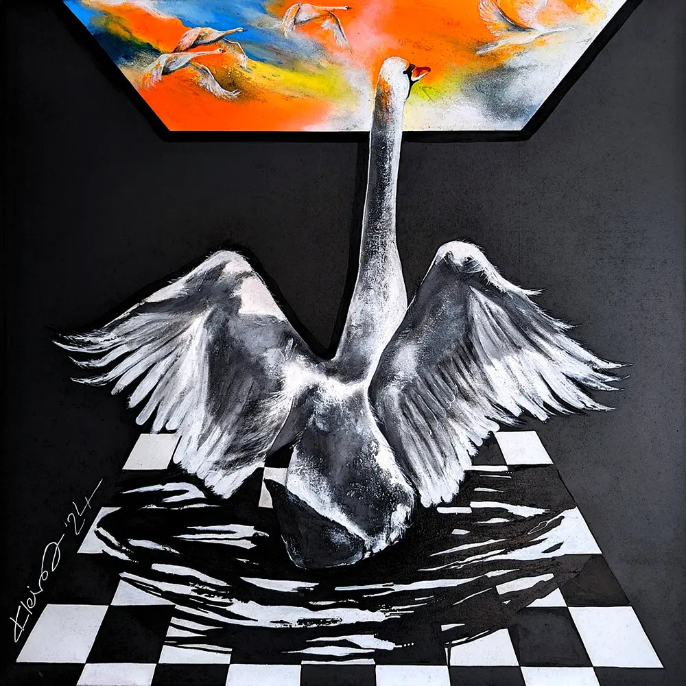 Aufbruch – Öl- und Acrylgemälde von Ute Kleist, 120x120 cm, Schwan auf Schachbrettboden mit flammendem Firmament in Orange und Gold | Kunst-Direkt.de
