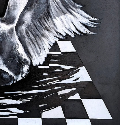 Detailaufnahme Aufbruch – Grafische Schwarz-Weiß-Schwingen des Schwans, skulpturale Präzision, Ute Kleist | Kunst-Direkt.de
