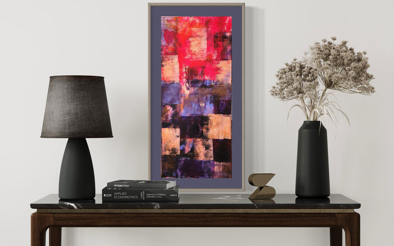 Abendfenster 40x90cm mit verschieden gefärbten Kacheln, Acrylgemälde in häuslichem Ambiente, Annette Murphy, kunst-direkt.de