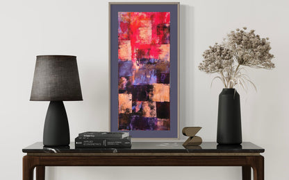 Abendfenster 40x90cm mit verschieden gefärbten Kacheln, Acrylgemälde in häuslichem Ambiente, Annette Murphy, kunst-direkt.de