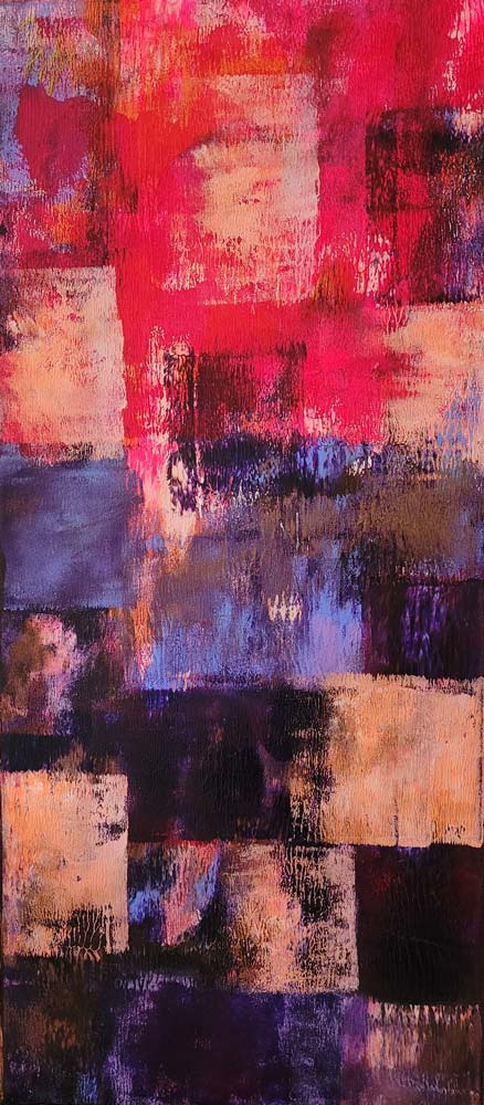 Abstrakten Bild mit roten, blauen orangen und schwarzen Farbflächen, 40x90cm, Annette Murphy, kunst-direkt.de