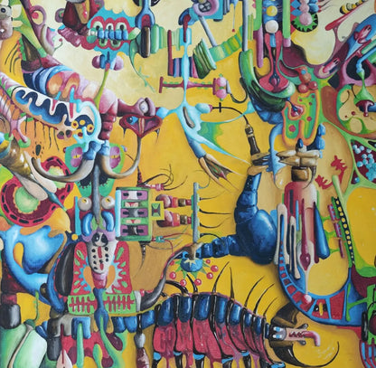 Detailaufnahme African Sun – Schmetterlingsähnliche Kreatur am Himmel, maskenartige Stammeskunst-Elemente, leuchtende Farbschichtung, Dieter Roth | Kunst-Direkt.de
