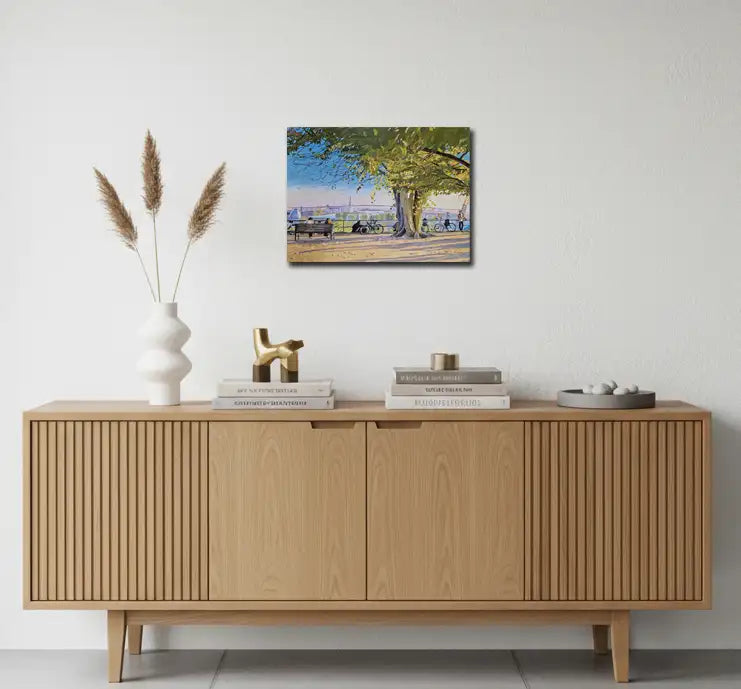 ölgemälde, ein großer grüner Baum, Blick auf den Hamburger Hafen mit Köhlbrandbrücke, hängend, 40 x 30 cm, Ulla Kutter, Kunst-Direkt.de