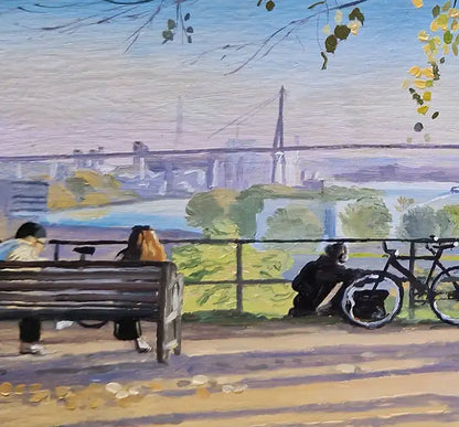 ölgemälde, ein großer grüner Baum, Blick auf den Hamburger Hafen mit Köhlbrandbrücke, details, 40 x 30 cm, Ulla Kutter, Kunst-Direkt.de