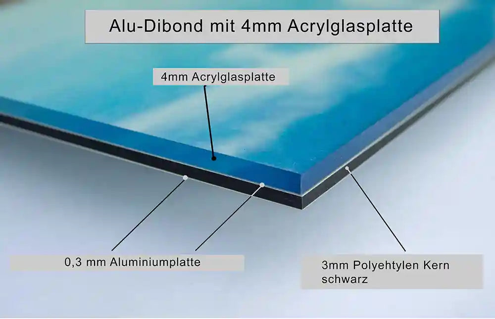 Foto einer Vergrößerung einer Alu-Dibond Platte mit Acrylglas, Erklärung des Aufbaues