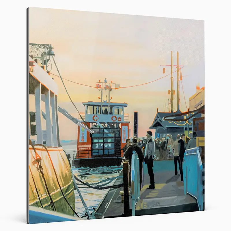 Finreart Print, eine hafenfähre an den Landungsbrücken in hamburg, Menschen die Ein- und Aussteigen, verschiede Audführunge, Ulla Kutter, Kunst-Direkt.de