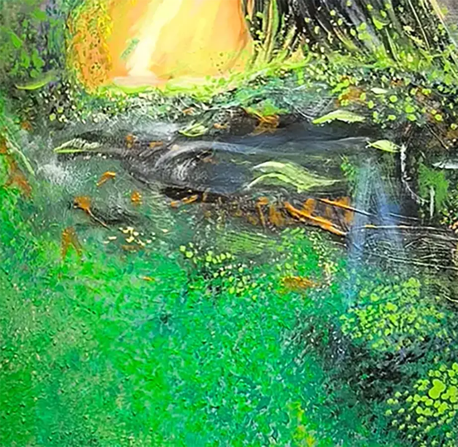 Detailaufnahme Aufgetaucht – Moosartige Strukturen, lasierte Flächen, smaragdgrünes Naturgeflecht, Maren Lüke-Amato | Kunst-Direkt.de
