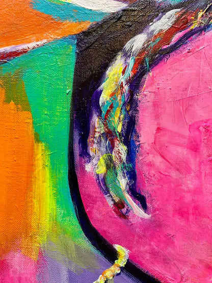 Expressionistisches Frauenporträt „Bella“ von Dea Theinert. Ölgemälde auf Leinwand (80x80 cm) in einem weißen Schattenfugenrahmen.  Detailansicht des Gesichtes. 