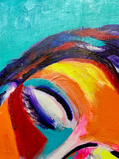 Expressionistisches Frauenporträt „Bella“ von Dea Theinert. Ölgemälde auf Leinwand (80x80 cm) in einem weißen Schattenfugenrahmen. Details der Strukturen.