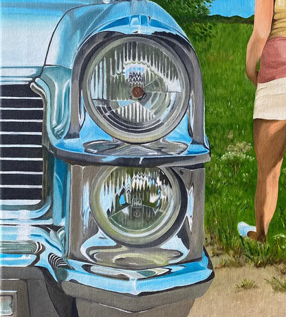 Gemälde, ein Oldtimer Cadillac im Anschnitt auf einer Wiese, eine gehende Frau von hinten, Detail Cadillad, 60x80cm, Gerd Pfanstiel, Kunst-Direkt.de