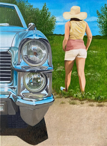 Gemälde, ein Oldtimer Cadillac im Anschnitt auf einer Wiese, eine gehende Frau von hinten, 60x80cm, Gerd Pfanstiel, Kunst-Direkt.de