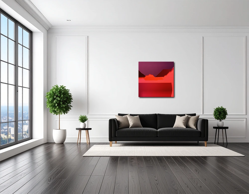 Quadratisches rotes Bild mit abstraktem Muster hängt an weißer Wand in einem modernen Wohnraum mit schwarzem Sofa, drei kleinen Pflanzen und links  einem Fenster mit Blick auf eine Stadt