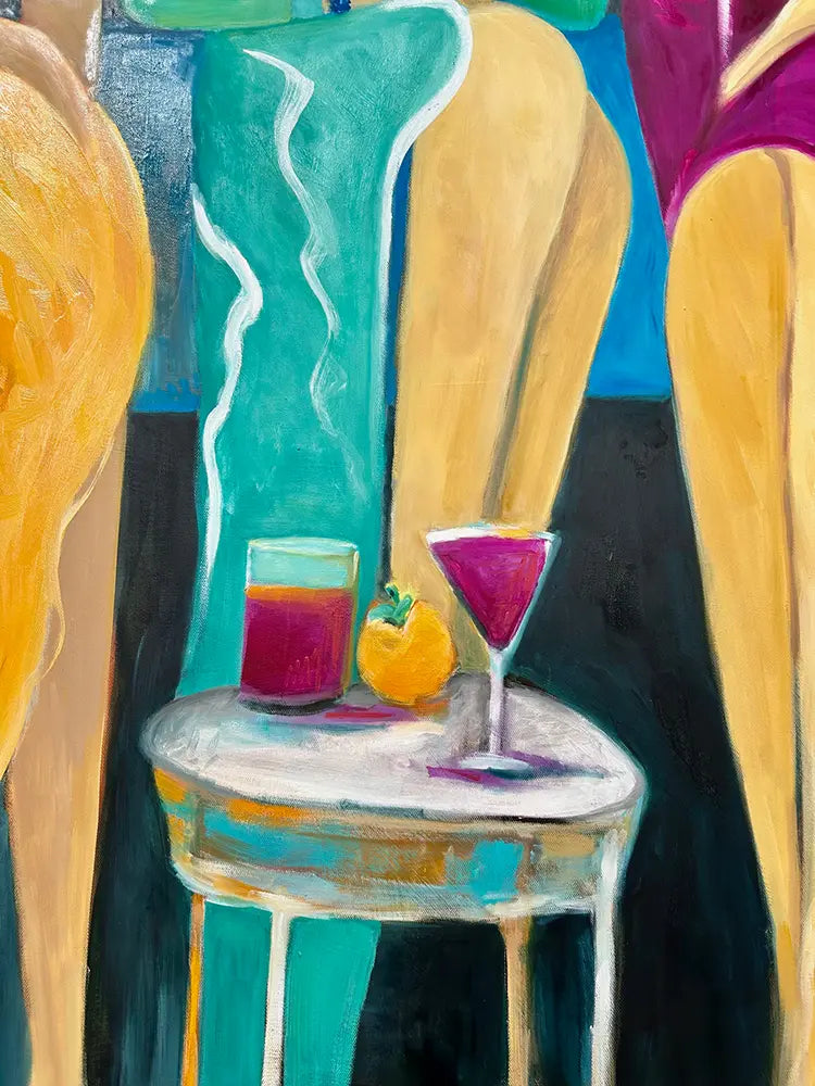 Detailaufnahme Cocktail-Ladies Strand Pauli – Angedeutete Gesichter, flirrende Farbdynamik, Dea Theinert | Kunst-Direkt.de
