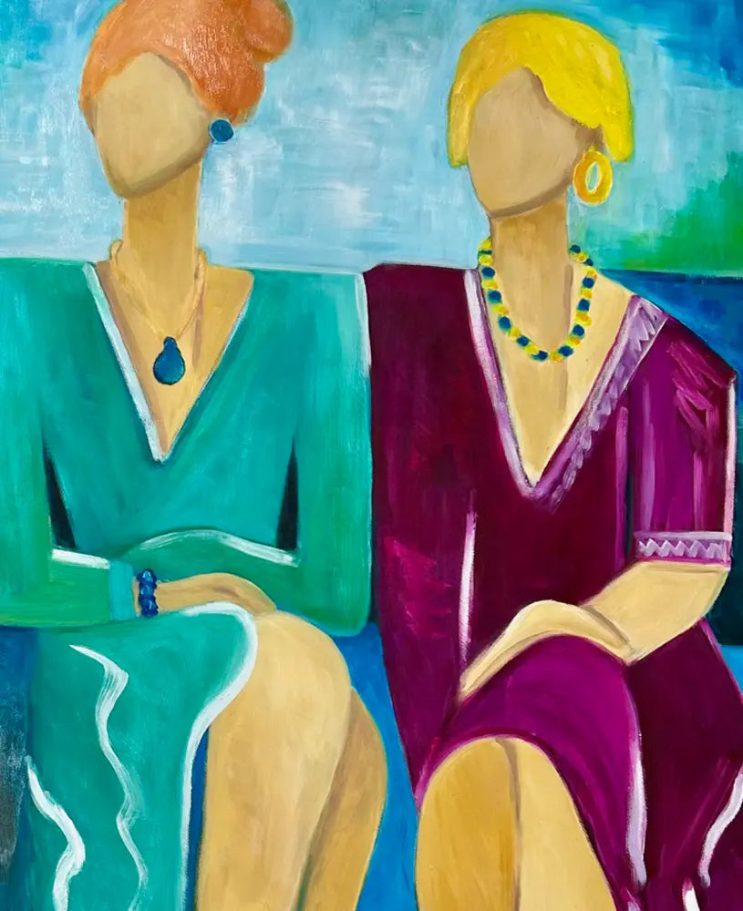 Detailaufnahme Cocktail-Ladies Strand Pauli – Energetischer Pinselstrich, Rot Blau Gelb, Lebensfreude, Dea Theinert | Kunst-Direkt.de
