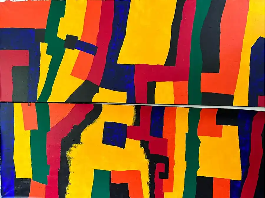 Color Field Painting, Perspektivische Ansicht, grosses abstraktes Gemälde, Gelb, Rot, Blau, Grün in dynamischen Anordnungen, Detailansicht mit geöffnetem Reißverschluß