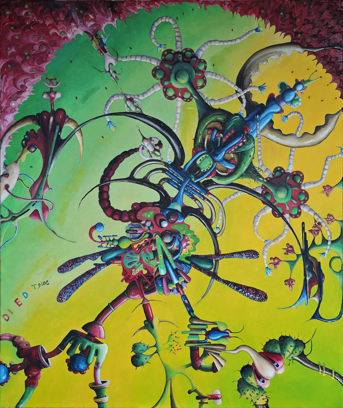 Das kommt mir nicht aufs Brot – Ölgemälde von Dieter Roth, 100x120 cm, surreale Bio-Mechanik, molekulares Motiv in Sonnengelb und Frühlingsgrün | Kunst-Direkt.de
