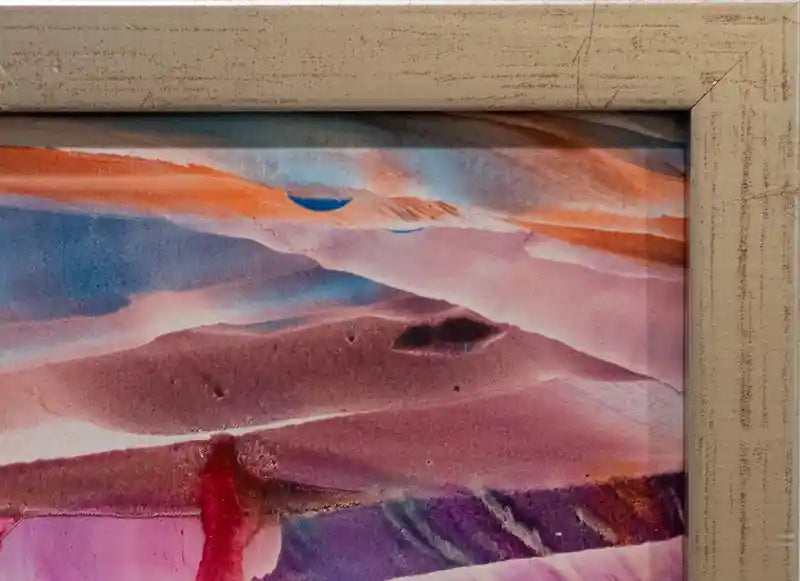abstraktes Gemäldes mit Safran, gerahmt, farben rot, blau, violette. Querformat, Detailansicht rahmen