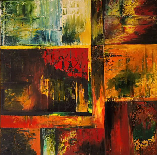 Der Waldspaziergang – Ölgemälde von Roger Ziereisen, 100x100 cm, abstrakter Expressionismus in Spachteltechnik, Rot-Orange-Grün | Kunst-Direkt.de
