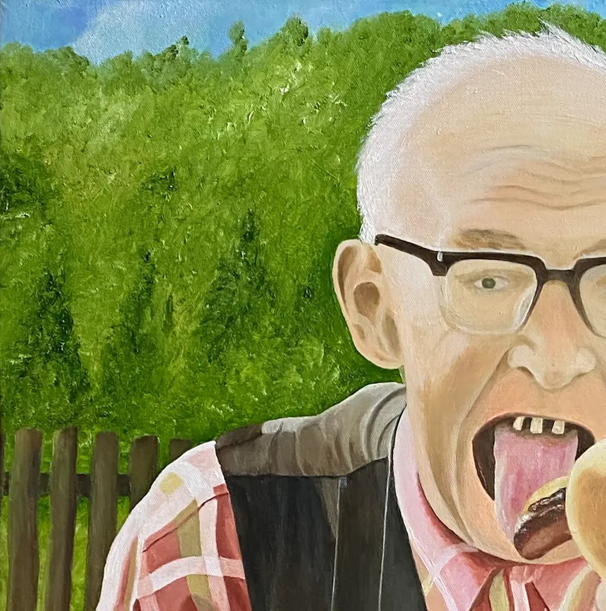 Ölgemälde, 57x45 cm, ein alter Mann sitzt im Garten und beißt in eine Bratwurst, Detailansicht, Gerd Pfanstiel. Kunst-Direkt.de