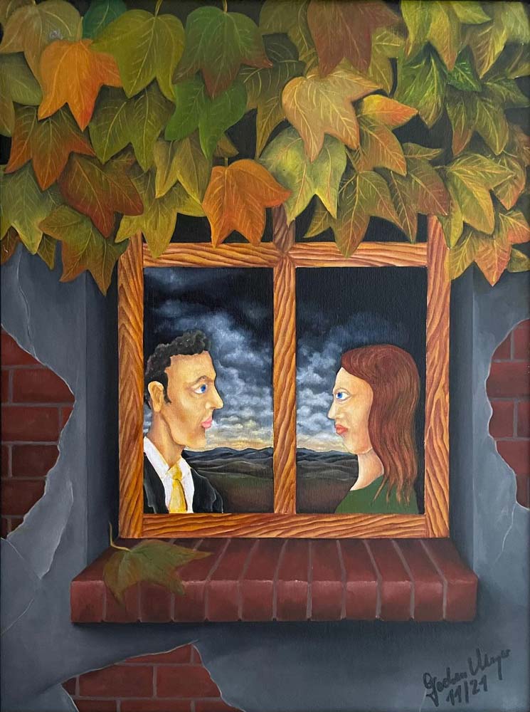 zwei Personen schauen sich an, Herbstblätter, Ölgemälde auf HDF Platte , Jochen Meyer, 47 x 37 cm, Kunst-Direkt.de